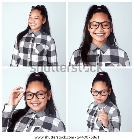 Girl, fashion and happy with confidence in studio on blue background in casual, style and comfortable. Collage, teen and glasses in portrait with smile for clothes or street wear, outfit and fun