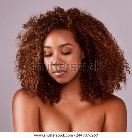 Afro, hair and thinking black woman in studio with confidence, pride and relax. Natural haircare, curls and hairstyle on female model with growth, style and keratin treatment with pink background.