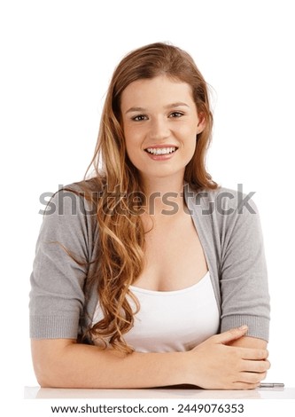 Young woman, portrait and smile in studio for glow, cosmetics and confident on white background. Gen z, female person and model in studio for makeup, lipstick and transformation with happiness.