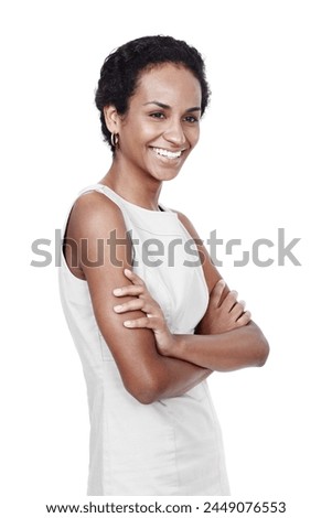 Fashion, business and portrait of happy woman in studio with confidence, opportunity and smile. Consultant, agent or HR manager with ambition, professional style and arms crossed on white background
