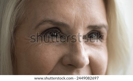 Close up shot of attractive mature female looking into distance. Upper part of face of older woman, anti-wrinkle procedure, eye-sight surgery, eyeglasses, lenses store ad. Eyecare, drops and treatment Royalty-Free Stock Photo #2449082697
