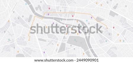 City map navigation. GPS navigator. Point marker icon. Top view, view from above. Abstract background. Simple realistic map design. Landscape with river. Flat style vector illustration.