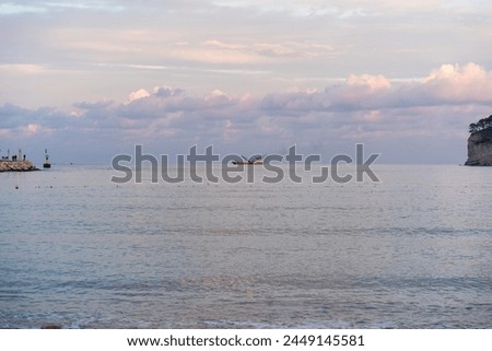 A boat is sailing in the ocean with a cloudy sky in the background. The sky is a mix of pink and blue, creating a serene and peaceful atmosphere