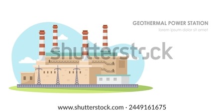 Vector illustration of a geothermal power station with smokestacks on a light blue sky background, representing renewable energy concept. Vector illustration Royalty-Free Stock Photo #2449161675