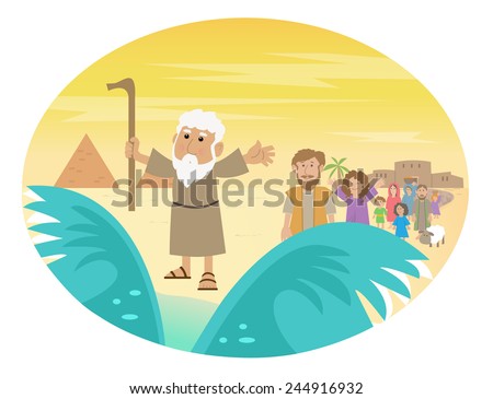 Moses Splitting The Sea - Cute cartoon of Moses splitting the red sea with the Israelite leaving Egypt. Eps10