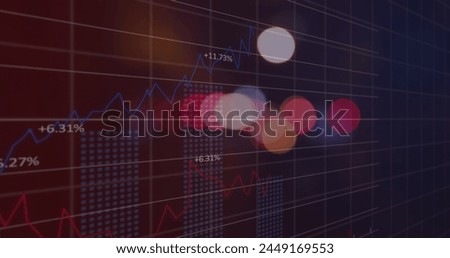 Digital image of statistical data processing over spots of light against gradient background. Business data technology concept