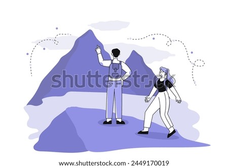 People hiking mountains simple. Man and woman with backpacks walking outdoors. Active lifestyle and leisure. Pair of mountaineers. Linear flat vector illustration isolated on white background