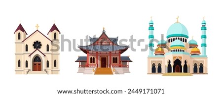 Catholic church, Buddhist temple, mosque buildings. isolated vector illustrations suitable for maps, prints, infographics, greeting cards and posters. Historical facade on a white background. Clip-art