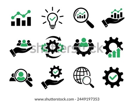 Business icon set in flat. Black and blue business symbols. Financial analysis, research, customer retention, process and teamwork icons Search man, service and customer care signs Vector illustration