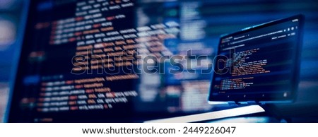 Running Computer data programming. Coding script text on screen. Notebook closeup