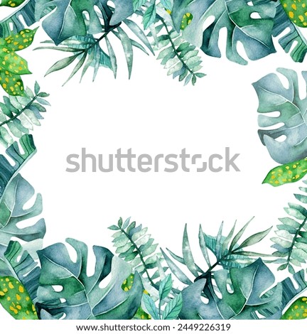 Watercolor square frame made of tropical leaves. Hand drawn monstera, palm leaves and banana leaves. Tropics, botanical composition. Design for invitations, cards.