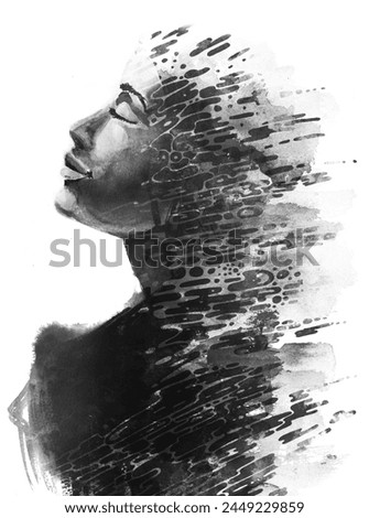 A painted black and white double exposure portrait of a woman's profile