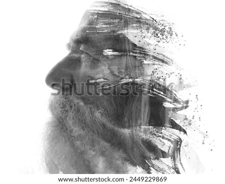 A fading paintography double exposure portrait profile of an old bearded man Royalty-Free Stock Photo #2449229869