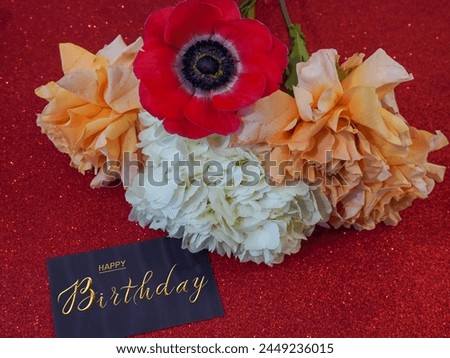 postcard , Internet banner  with a birthday greeting, with the inscription - happy birthday, a bouquet of flowers with a note of congratulations                               