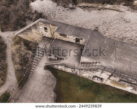 Aerial view of abandoned concrete fort on the beach - Fort Worden, Port Townsend, Washington
