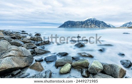 Skagsanden beach - longtime exposure - Lofoten Island, Norway Royalty-Free Stock Photo #2449271985