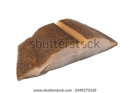 Cold smoked halibut fish with skin isolated on white background. Smoked halibut steak isolated 