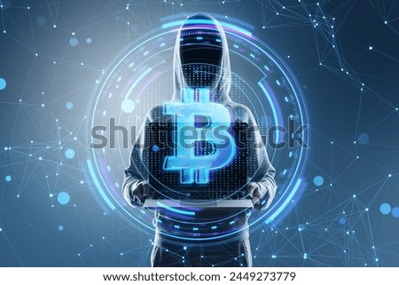 Hacker holding laptop with creative round money sign on blurry blue polygonal background. Crypto, hacking, online banking, digital transformation and finance concept