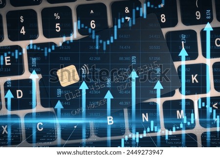 Close up of bank card on keyboard with growing blue vertical arrows and candlestick forex chart on blurry index grid background. Economic growth concept. Online banking concept. Double exposure