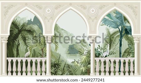 Beautiful garden arch bird mountain lake wallpaper. Watercolor Landscape  illustrations. Jungle wallpaper illustrations.