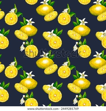 Watercolor seamless pattern lemon slice. Hand drawn botanical illustration of yellow half citrus fruits isolated on blue background. Clipart objects for design and decoration, package, cards