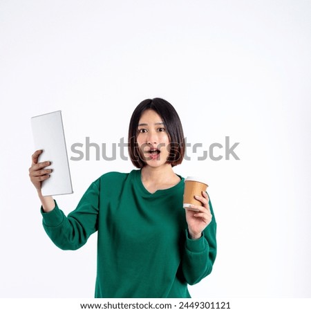 Business woman of asian with good ideas ponting with finger on white background, she is smiling lifesty, and looking at camera, portrait business woman concept.