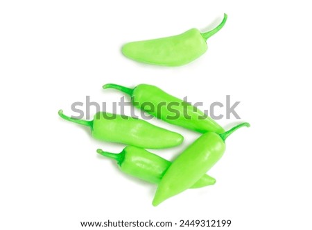 Group of green pepper, green chilli,banana pepper, chilli pepper, sweet pepper, isolated on white backgroud with clipping path. Top view. Royalty-Free Stock Photo #2449312199