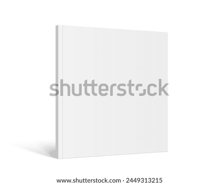 Vector realistic standing 3d magazine mockup with white blank cover. Closed square paperback booklet, catalog or magazine mock up on white background. Diminishing perspective