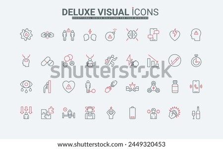 Causes and factors of stress line icons set. Pressure of social media and depression, difficulty and deadline at work, insomnia and anxiety thin black and red outline symbols, vector illustration