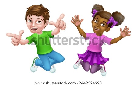 Two kids, girl and boy, cartoon character children jumping for joy