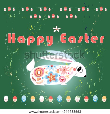 Bright Easter card with rabbit and decorative eggs on a green background