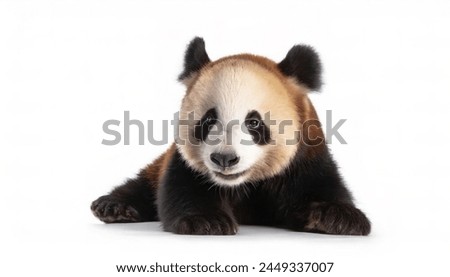 giant panda cub - Ailuropoda melanoleuca - is a bear species endemic to China, black and white colors isolated cutout on white background laying and looking at camera