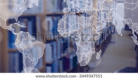 Image of world map and glowing spots over books on shelf. international literacy day and reading concept digitally generated image.