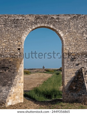 Medieval ruins of Kamares Aqueduct in Larnaca, Cyprus. Lonely tree on horizon is seen through the arch