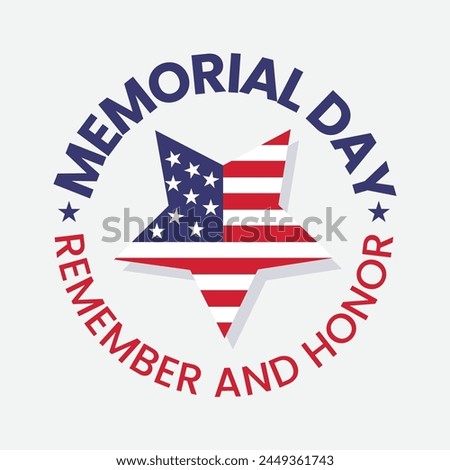 Memorial Day emblem with American flag in a star shape. Remember and honor logo. Memorial holiday for American independence day. Red and blue color. 