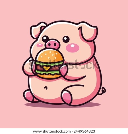 cute vector design illustration of a pig eating a burger