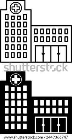 Hospital icons. Black and White Vector Hospital Building Icons. Ambulance building, Medicine. Architecture Concept