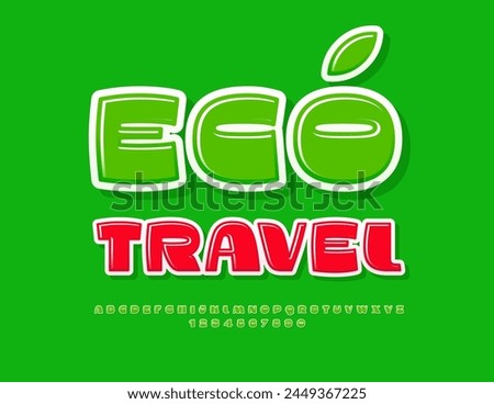 Vector bright concept Eco Travel. Glossy Green Font. Artistic Alphabet Letters, Numbers and Symbols set.