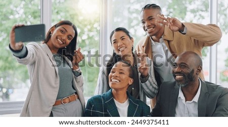 Selfie, employees and peace sign or smile at office with marketing team for profile photo with diversity. Happy, face, workers and hand gesture for collaboration with cellphone for social media.