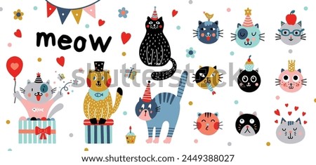 Cute cats. Funny animals.Vector illustration. Clip art.