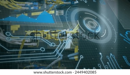 Image of statistics and data processing on grey background. Global business finance and connections concept digitally generated image.