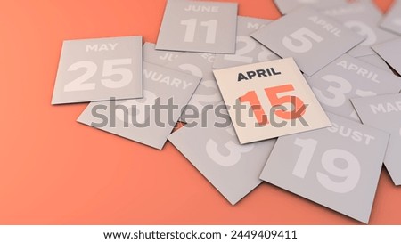 April 15. Calendar sheets on a pink background. The best day of the year. 3d rendering. Bokeh. Illustration.
