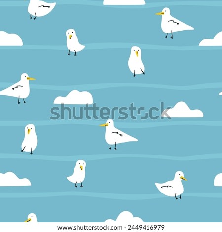 Funny seagull and white cloudy. Semless marine pattern