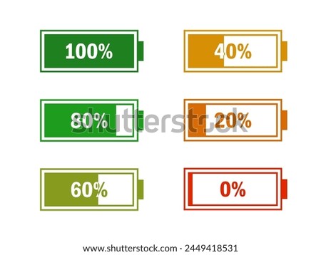 Level battery energy icon set. Powerfully full and power low up status batteries. Energy reusing concept. Alkaline tags. Battery charging point, charge indicator. Mobile plug. Vector illustration.