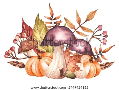 Large watercolor composition. Drawn forest mushrooms and pumpkins surrounded by autumn leaves, twigs with berries, pine cones, acorns. Autumn, harvest, thanksgiving.