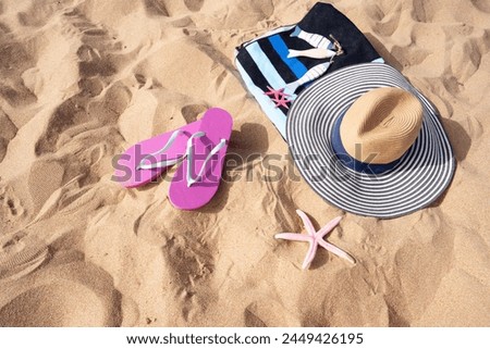 Summer beach still life background with copy space on sand