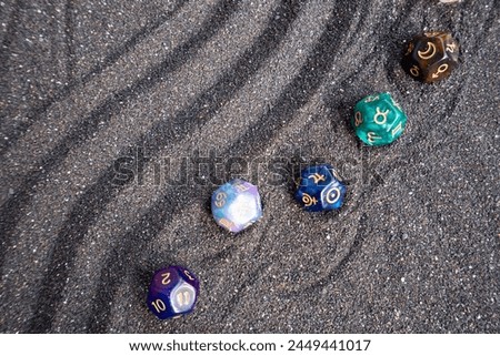 Horoscope zodiac divination dice. Fortune telling and astrology predictions charts concept, magic rituals and exoteric experience