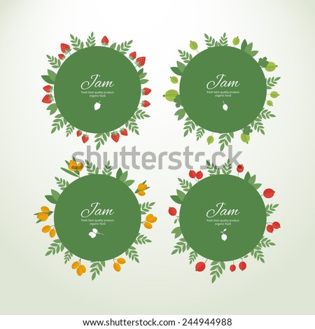 Set of vector circle labels with fresh berries. Concept organic product
