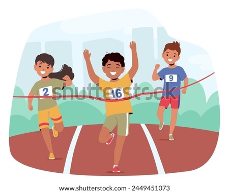Children Characters Eagerly Dash Across The Stadium Track, Boy Crossing the Finish Line In A Thrilling Kids Racing Competition Filled With Joy And Youthful Energy. Cartoon People Vector Illustration Royalty-Free Stock Photo #2449451073