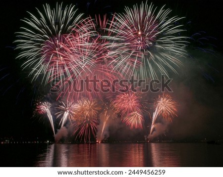 Seenachtsfest Firework at the lake of constance over the lake, colorful firework with reflection for a festival